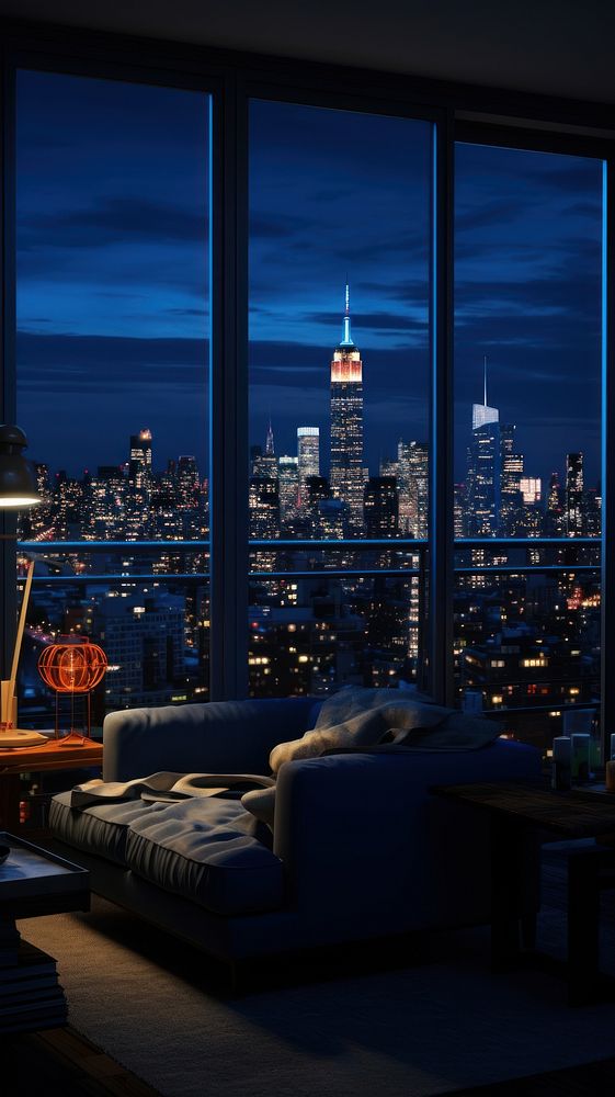  New york Apartment in blue night city architecture metropolis. 