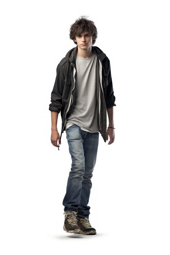 Teenage boy footwear jacket sleeve.