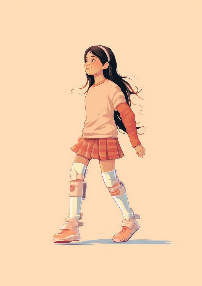 A chubby girl with prosthetic leg walking sketch illustrated. AI generated Image by rawpixel.