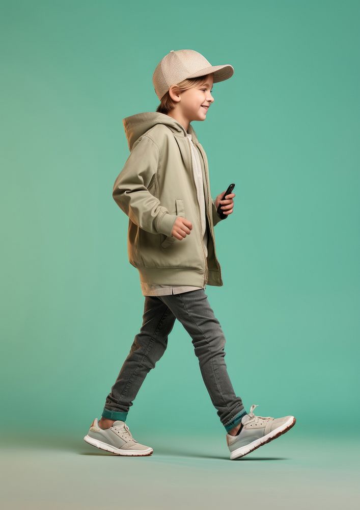 A 8 years old boy with mobile phone footwear walking person. AI generated Image by rawpixel.