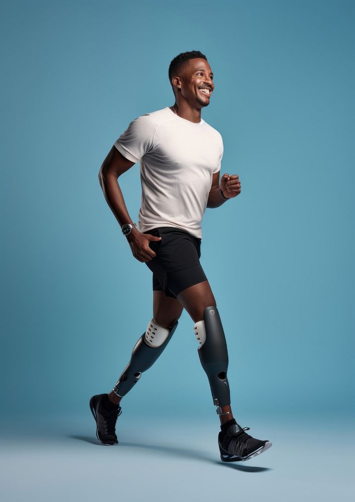 An happy black sport man with prosthetic leg running jogging sports. AI generated Image by rawpixel.