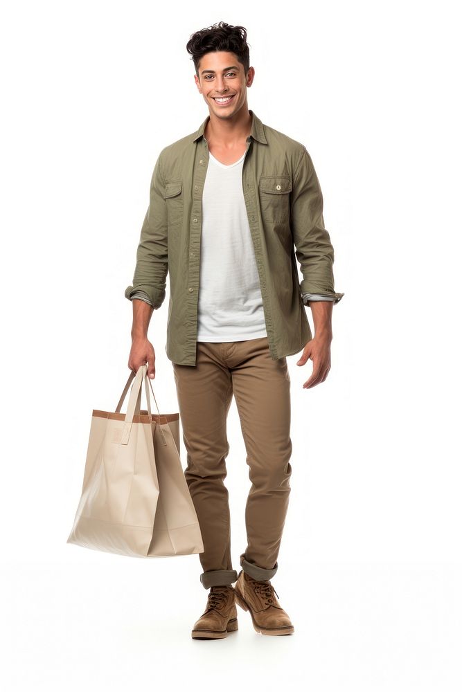 A Hispanic male customer doing shopping bag handbag adult.