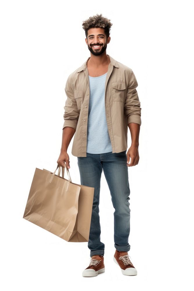 A Hispanic male customer doing shopping bag handbag adult.