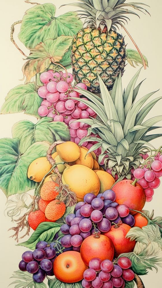 Wallpaper tropical fruits pineapple drawing sketch.