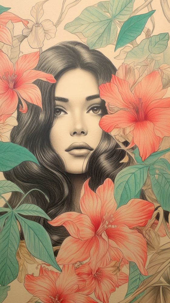 Wallpaper woman portrait drawing flower.