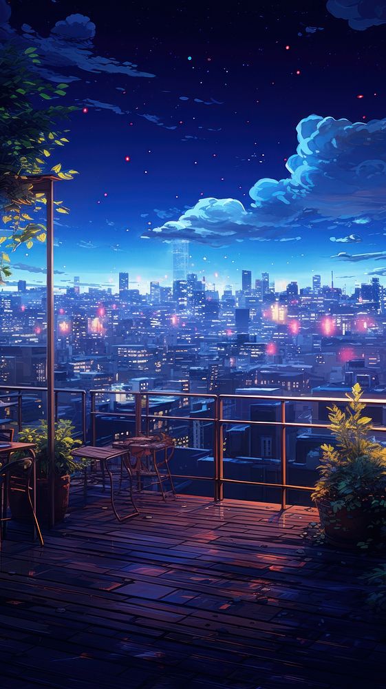  Rooftop view in city midnight architecture cityscape outdoors. AI generated Image by rawpixel.