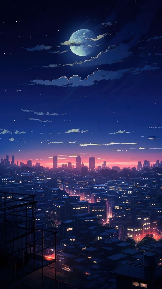  Rooftop view in city midnight architecture astronomy cityscape. AI generated Image by rawpixel.