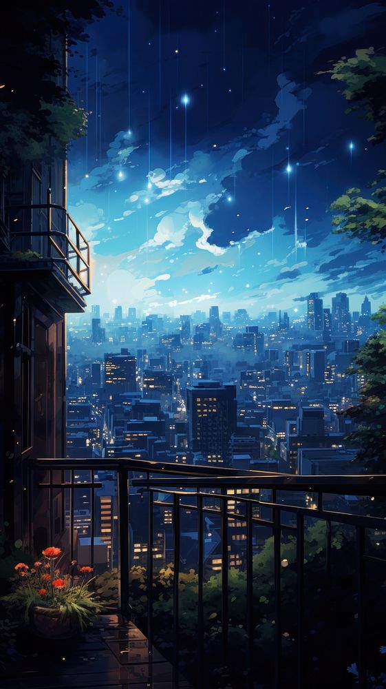 Rooftop view in city midnight architecture cityscape outdoors. AI generated Image by rawpixel.