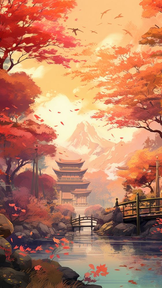  Serene autumn landscape outdoors painting. AI generated Image by rawpixel.