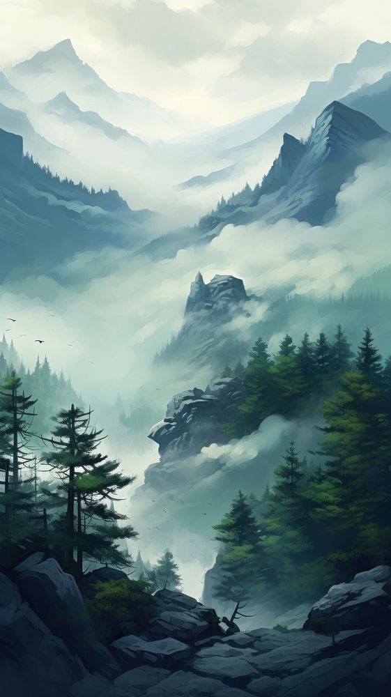  Serene mountains and fog wilderness landscape outdoors. 