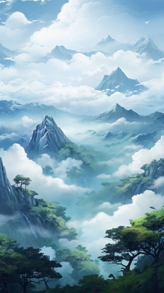  Serene mountains and fog backgrounds landscape outdoors. 