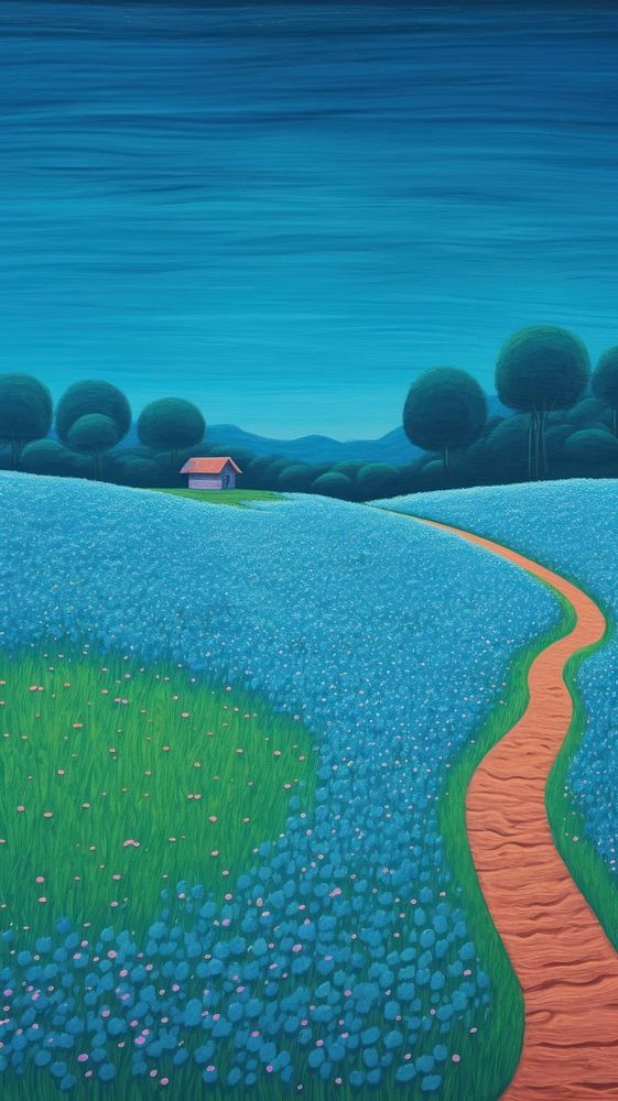  Blue flower field outdoors painting nature. AI generated Image by rawpixel.