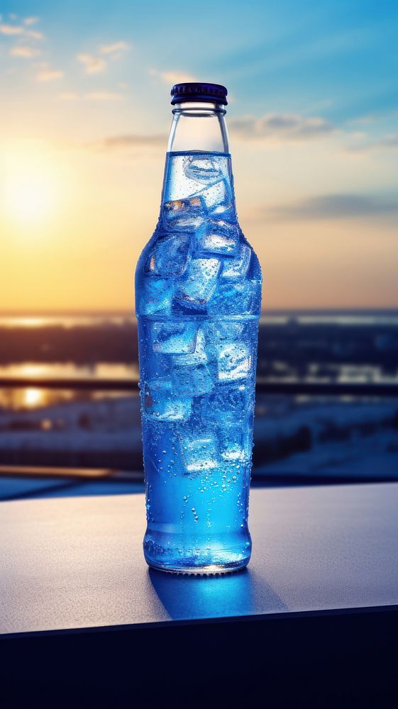  Summer blue soft drink on counter with sunset background bottle beer ice. AI generated Image by rawpixel.