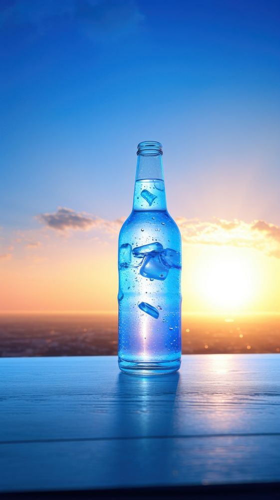  Summer blue soft drink on counter with sunset background bottle nature refreshment. AI generated Image by rawpixel.