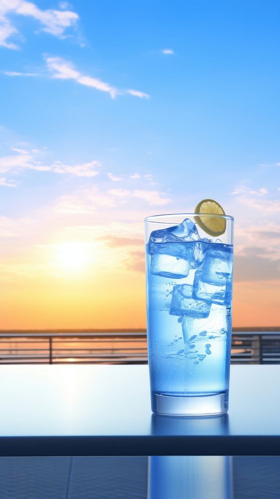  Summer blue soft drink on counter with sunset background cocktail outdoors nature. AI generated Image by rawpixel.