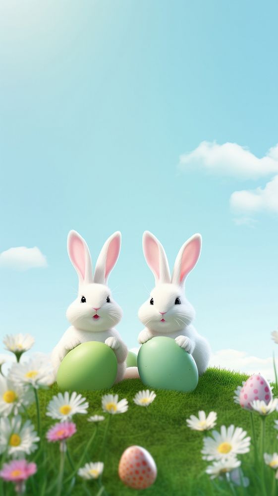 3D Illustration of two bunnys flower outdoors nature.