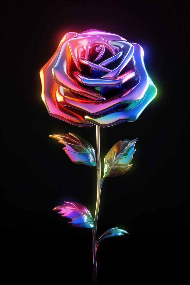 3D render of neon rose icon pattern flower plant.