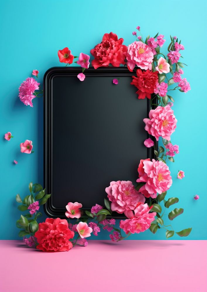 3d Surreal of a blank black frame with flowers plant petal rose.