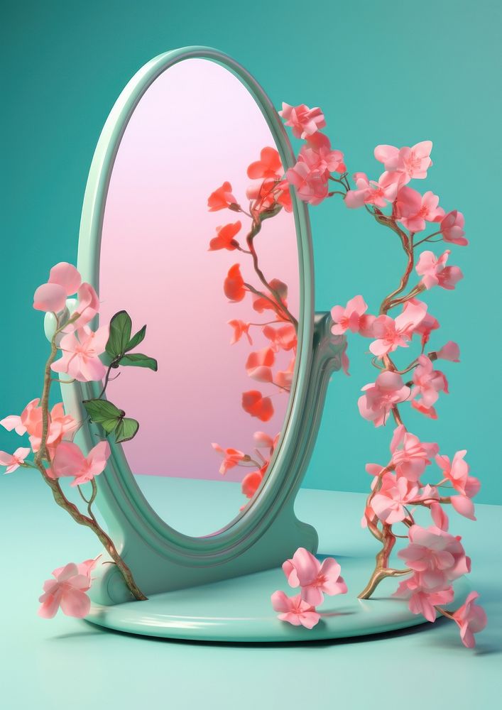 3d Surreal of a blank mirror with flowers blossom plant photography.