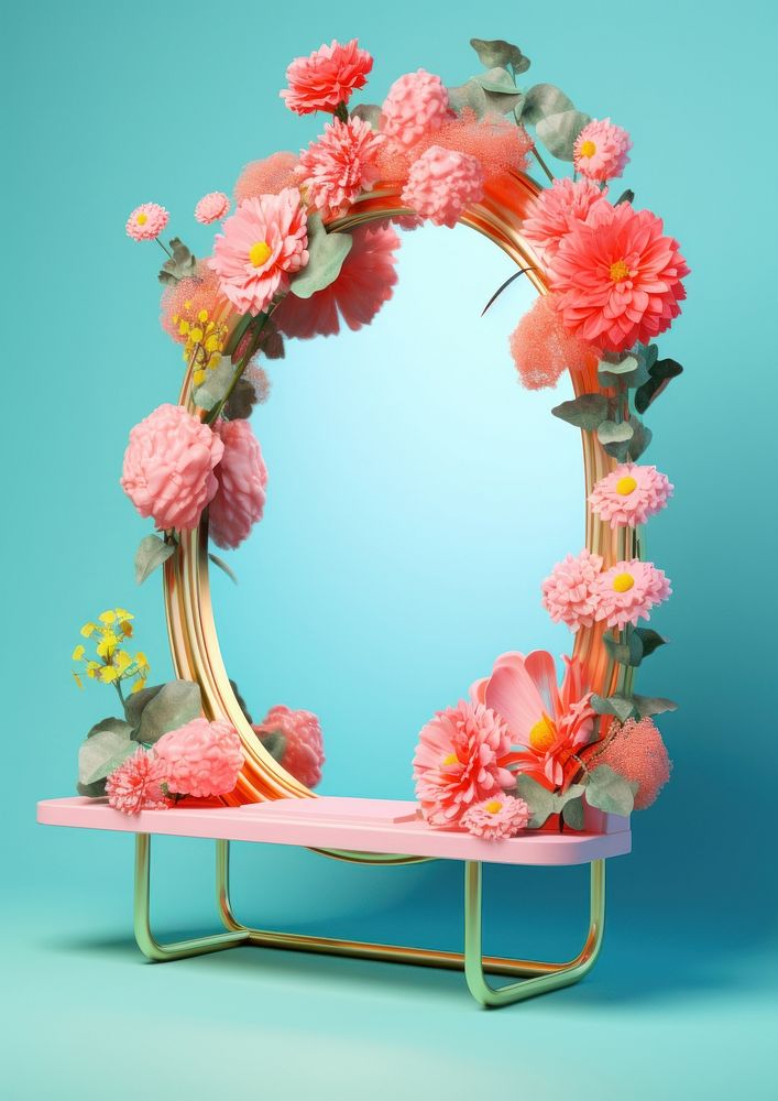 3d Surreal of a blank mirror with flowers plant rose architecture.