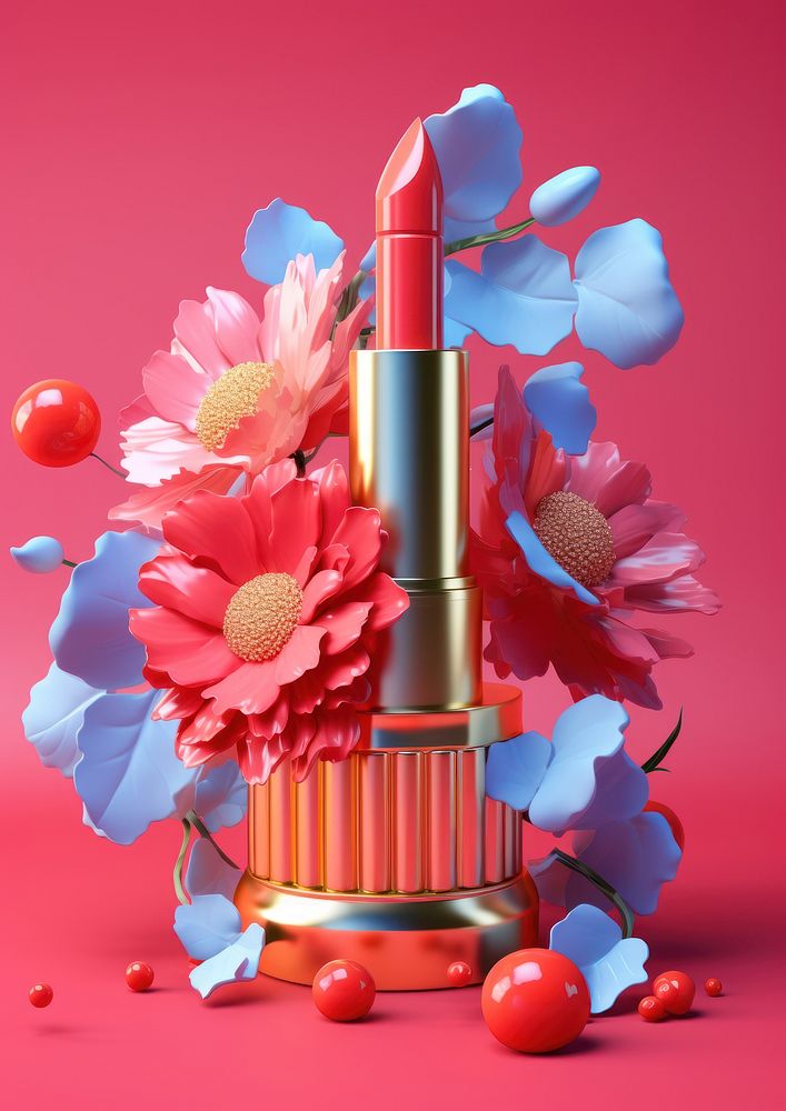 3d Surreal of a lipstick with flowers cosmetics plant petal.