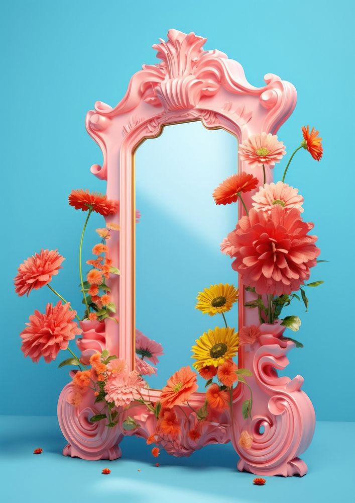 3d Surreal of a mirror with flowers plant decoration floristry.