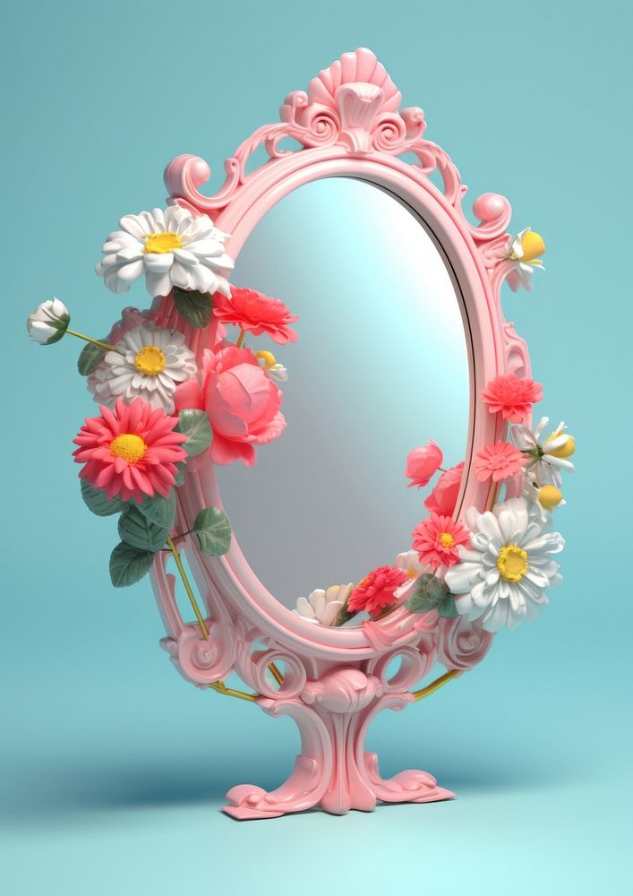 3d Surreal of a mirror with flowers plant photography decoration.