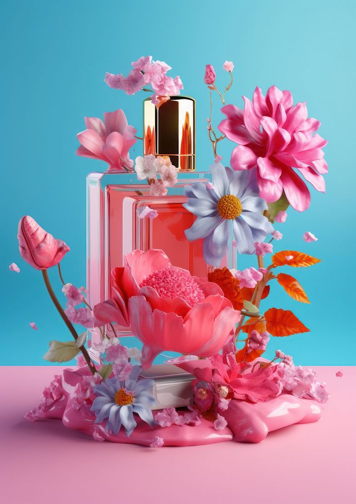 3d Surreal of a perfume with flowers cosmetics plant petal.