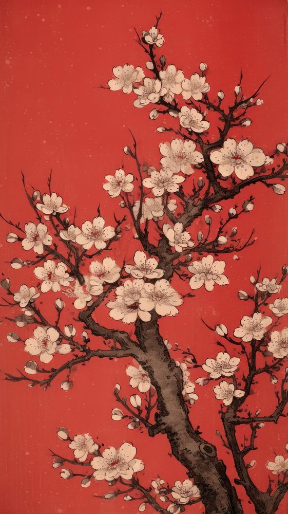 Japanese cherry blossom tree painting flower plant. 