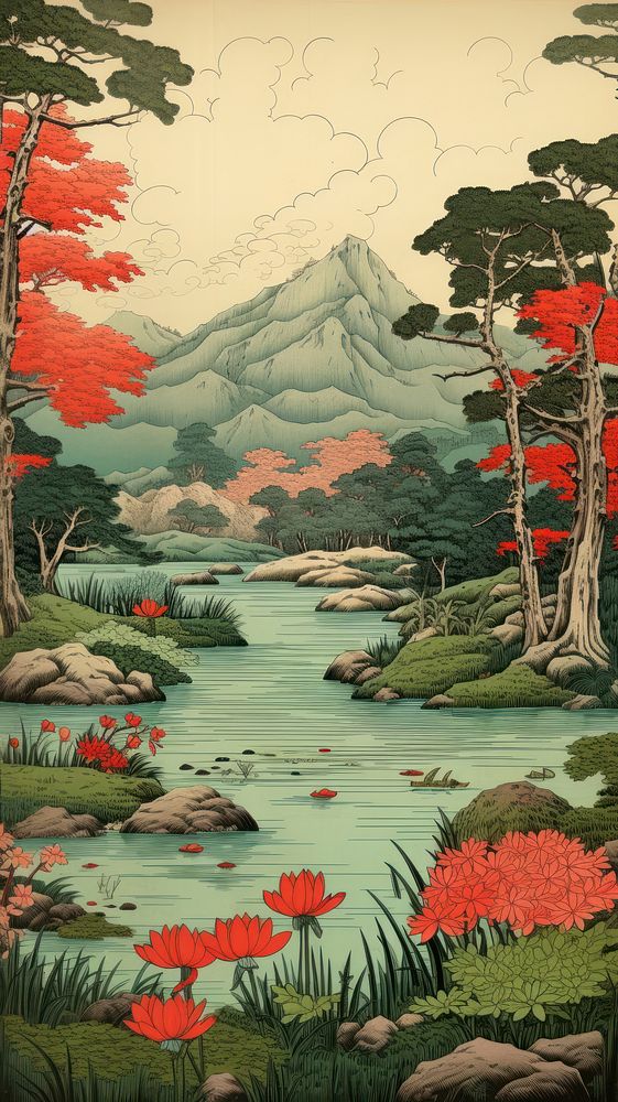 Japanese pond landscape mountain outdoors. AI generated Image by rawpixel.
