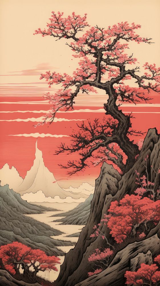 Japanese blossom tree with mountain landscape outdoors painting. AI generated Image by rawpixel.