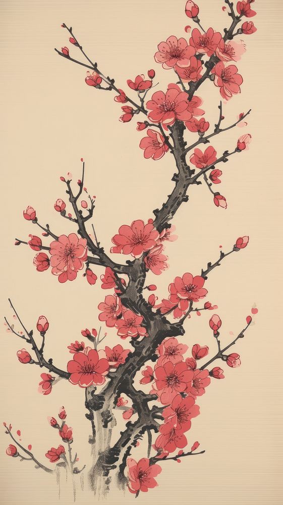 Japanese cherry blossom tree painting flower plant. AI generated Image by rawpixel.