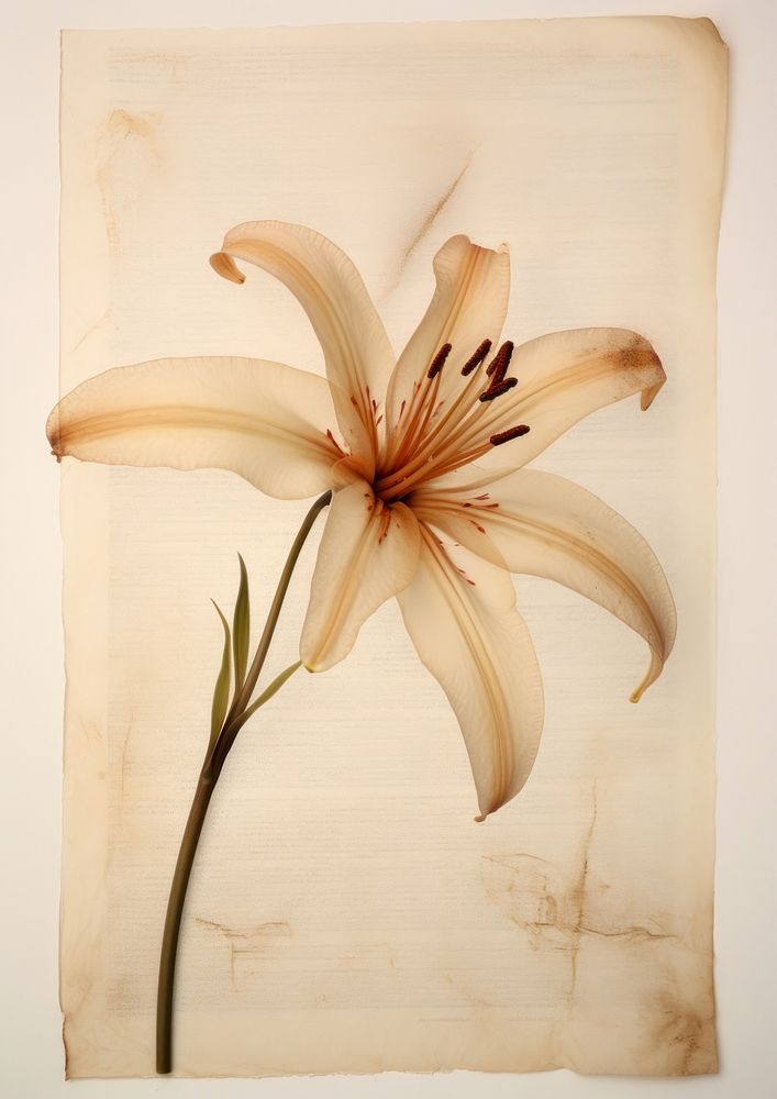 Real Pressed a lily on herbarium page flower plant paper.
