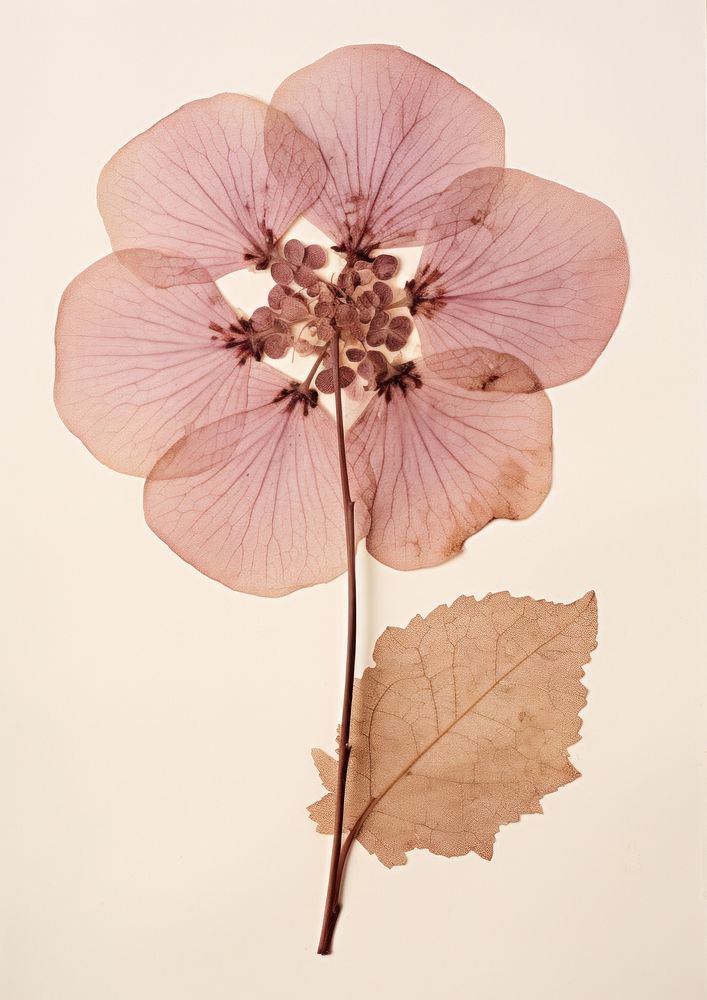 Real Pressed a single pink hydrangea flower blossom plant.