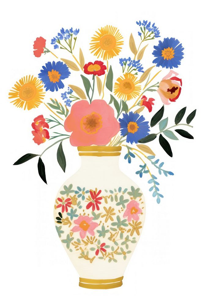 A flower vase in the style of ink folk art-inspired illustrations pattern plant white background.