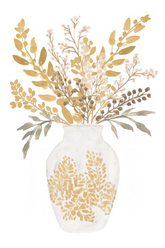 A flower vase in the style of ink folk art-inspired illustrations plant gold white background.