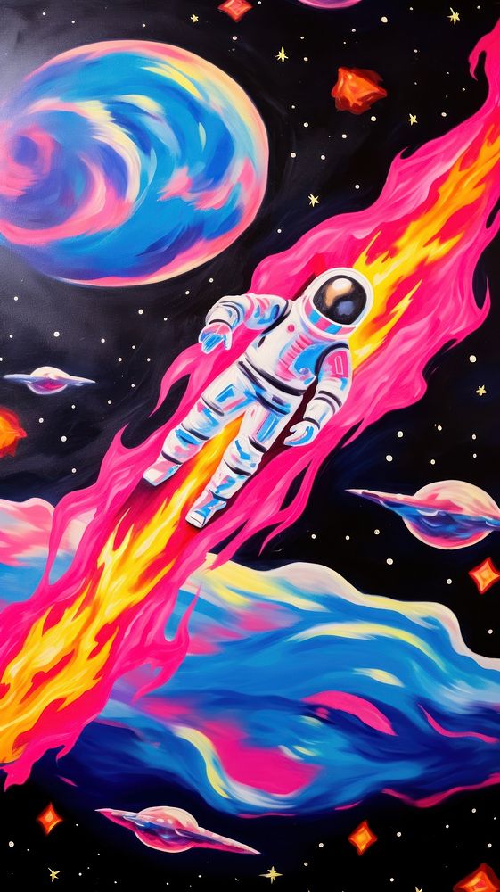 Rocketeer flying in the galaxy painting purple creativity.