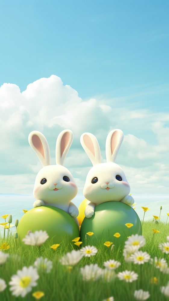 3D Illustration of two bunnys field outdoors nature.