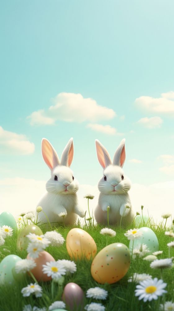 3D Illustration of two bunnys egg outdoors nature.