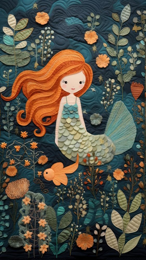 Cute mermaid pattern quilt art.