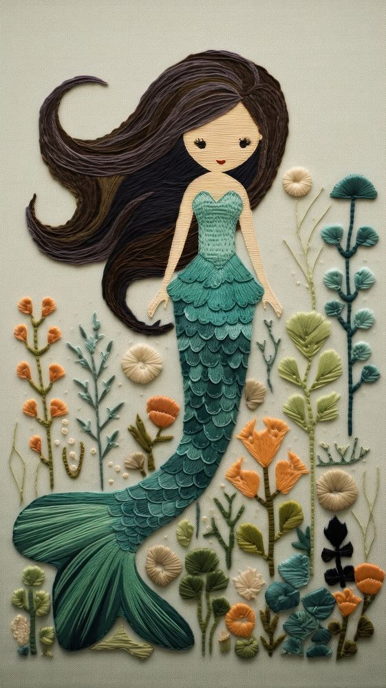 Cute mermaid embroidery pattern art.