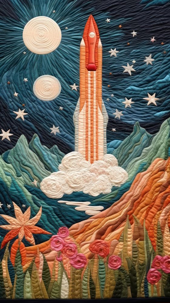 Embroidery of galaxy and rocket painting pattern quilt.