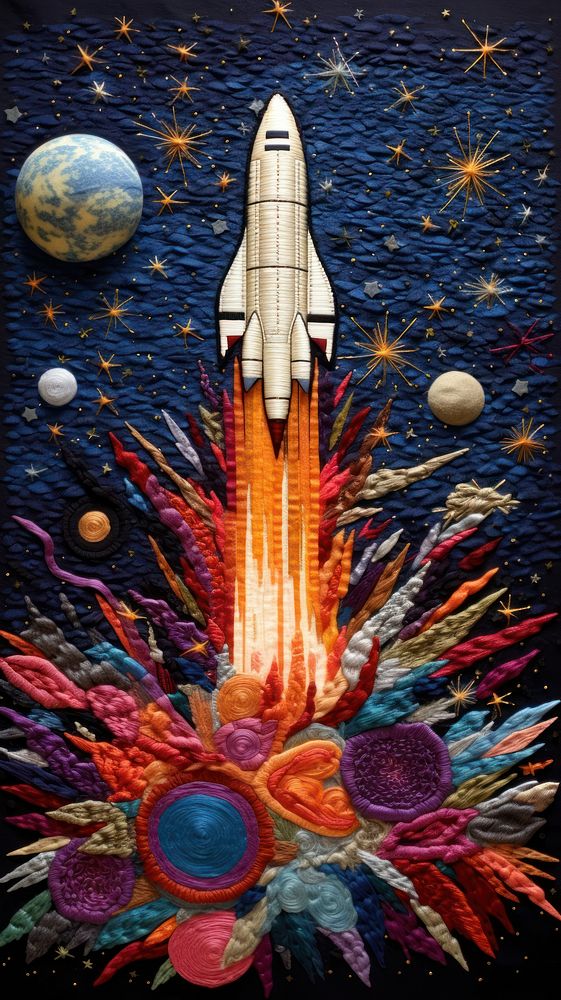 Embroidery of galaxy and rocket vehicle art transportation.