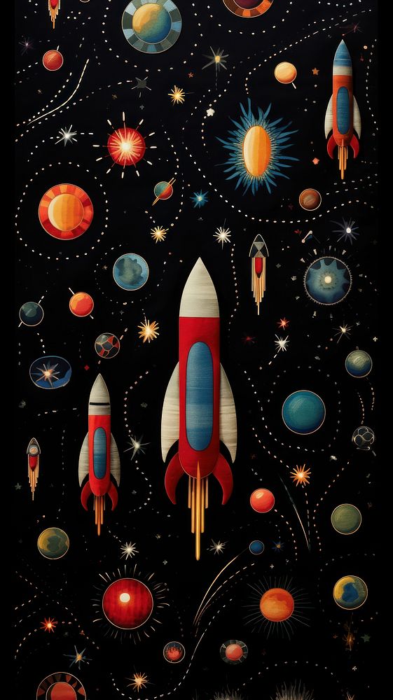 Embroidery of galaxy and rocket astronomy vehicle transportation.