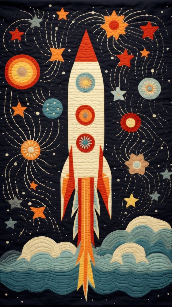 Embroidery of galaxy and rocket pattern quilt backgrounds.