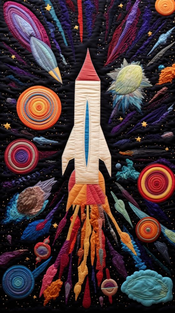 Embroidery of galaxy and rocket pattern quilt art.