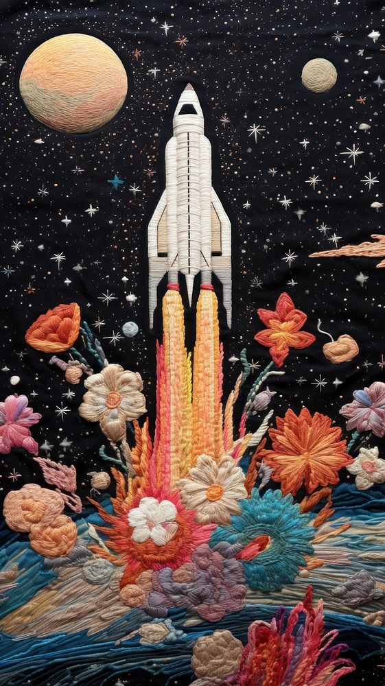 Embroidery of galaxy and rocket vehicle art transportation.