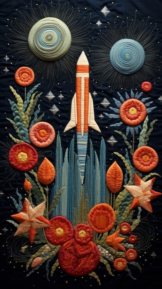 Embroidery of galaxy and rocket embroidery art creativity.