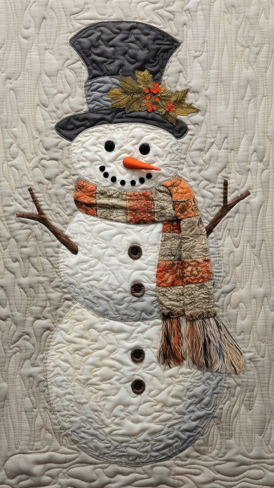 Embroidery of cute snowman winter anthropomorphic representation.