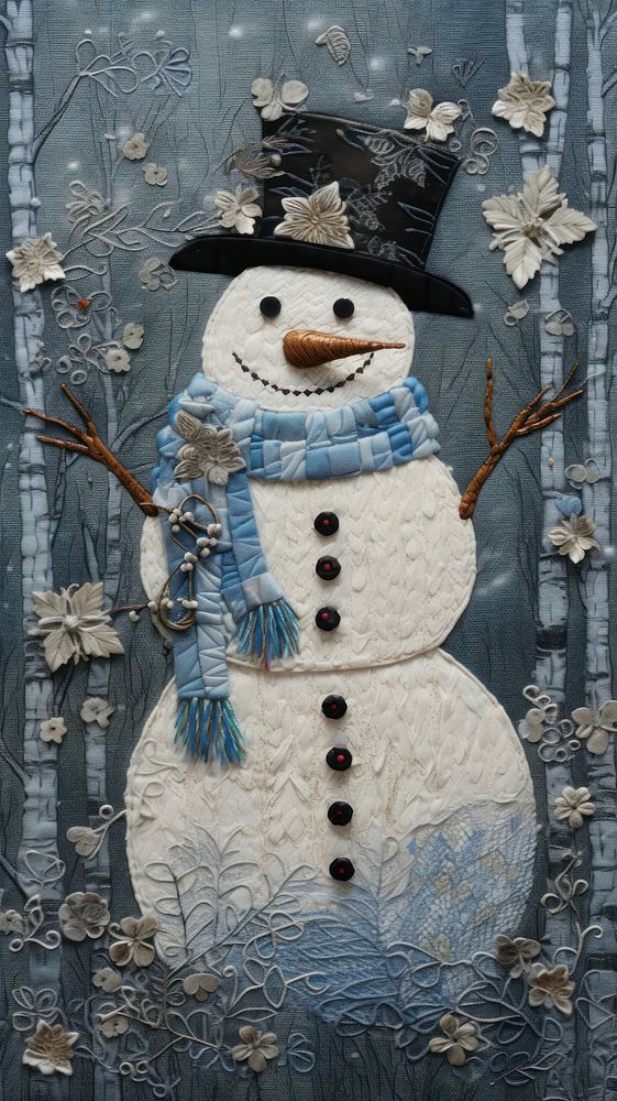 Embroidery of cute snowman winter nature anthropomorphic.